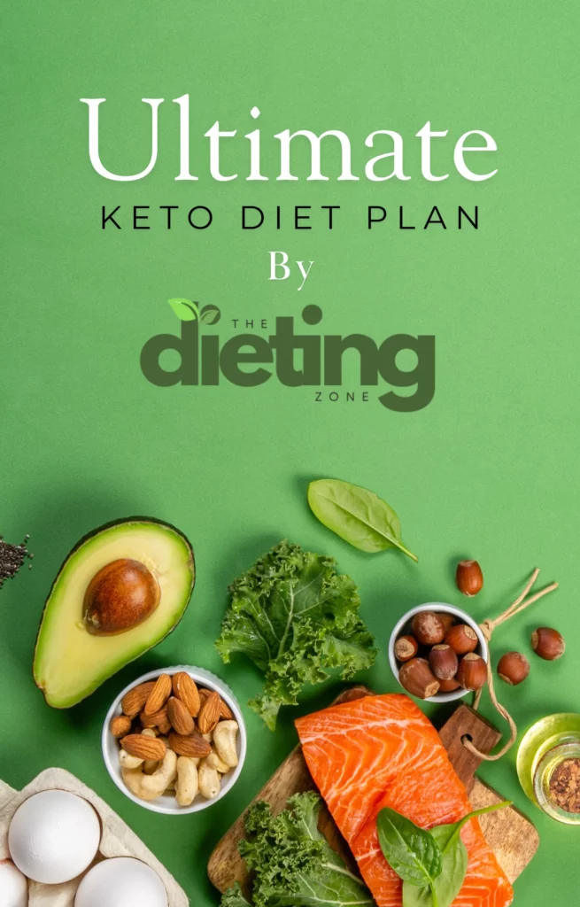 Cover of The Ultimate Keto Diet Plan, featuring high-fat, low-carb foods like avocado, salmon, nuts, eggs, and leafy greens.