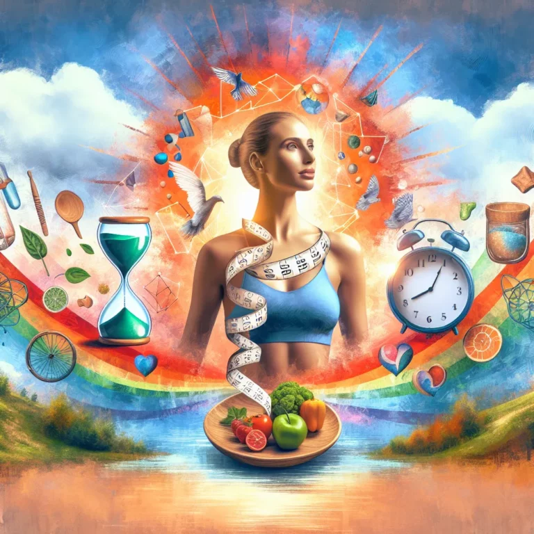 Woman surrounded by healthy foods, meditation, and wellness symbols
